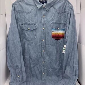 AMERICAN RAG Mens Aztec Pocket Western Woven Pearl Snaps Light Wash Shirt Size L